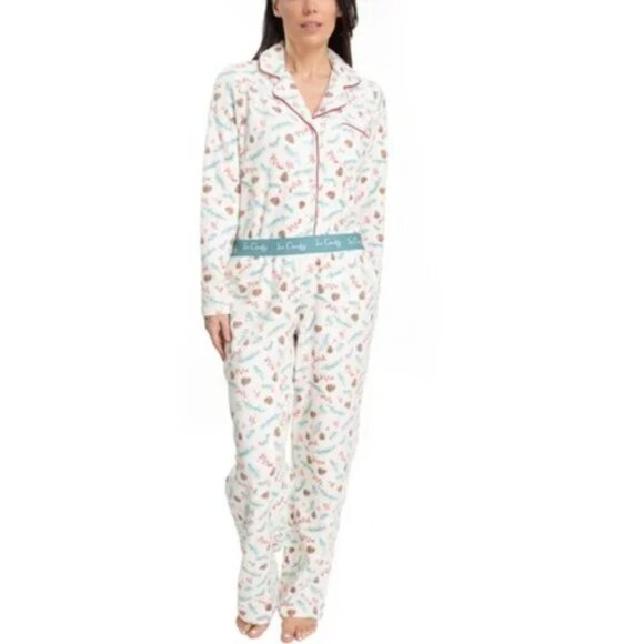 Hanes Comfort Sleep White Green Fleece Pinecone Winter Holiday Pajama Set - Picture 1 of 8